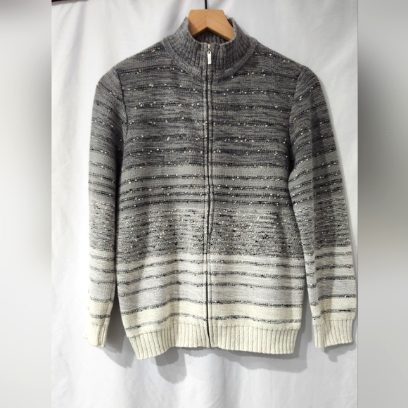Liz Claiborne Women's Full Zip Sweater Small Heathered Gray Fisherman Winter - Picture 1 of 7